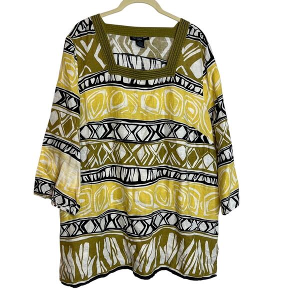 Saint Tropez Woman 100% Linen Tunic Size 1X Yellow Green Abstract Artsy flawed - Picture 1 of 7